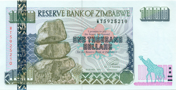 1000 долларов Зимбабве 2003 года p12