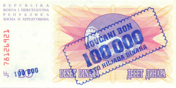 100000 динар Боснии и Герцеговины 1993 года р34а