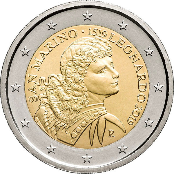 2 евро, 2019 г. Сан-Марино. 500 лет со дня смерти Леонардо да Винчи