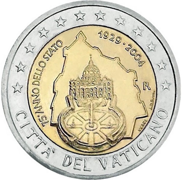 2 евро, 2004 г. Ватикан (75-летие основания города‑государства Ватикан)