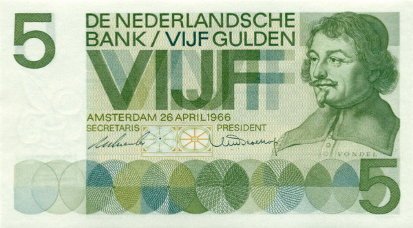 5 гульденов Нидерландов 1966 года р90