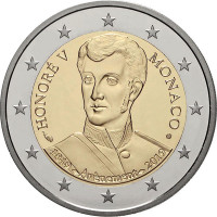 2 евро, 2019 г. Монако. 200-летие вступления на престол князя Монако Оноре V