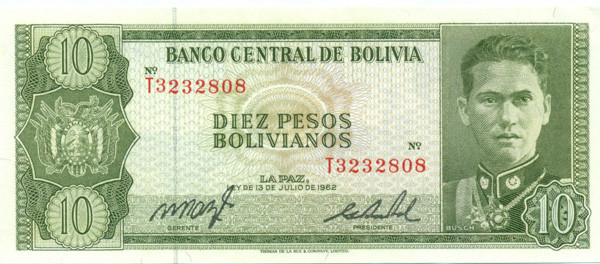 10 песо Боливии 1962 года р154а(6)