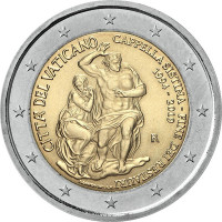 2 евро, 2019 г. Ватикан. 25-летие завершения реставрации Сикстинской капеллы
