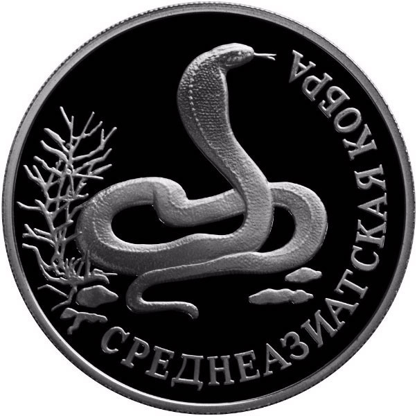 1 рубль 1994 г. Среднеазиатская кобра.  Красная книга (серебро).