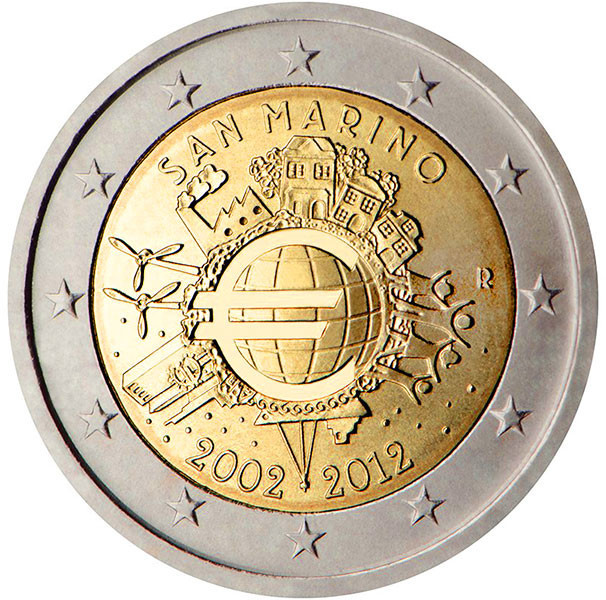 2 евро, 2012 г. Сан-Марино (10 лет наличному обращению евро)