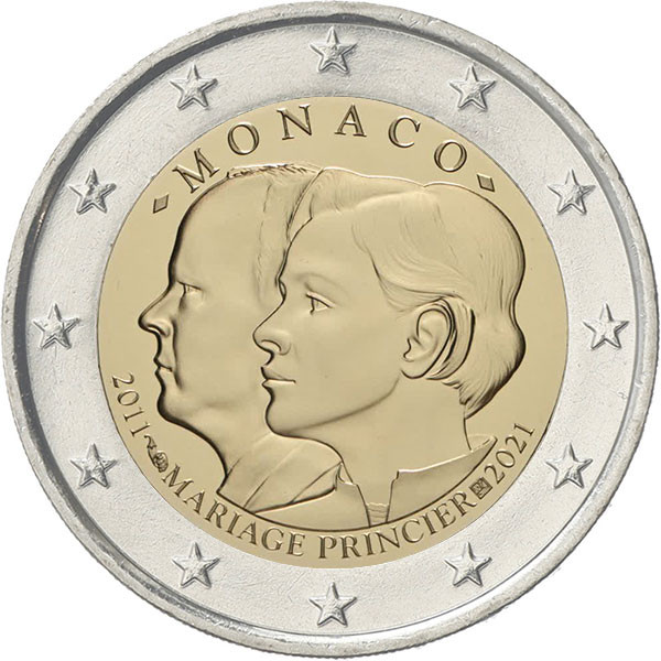 2 евро 2021 г. Монако 10 лет бракосочетанию Принца Альберта II и Принцессы Шарлотты