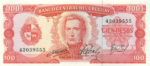 100 песо Уругвая 1967 года р47a(9)