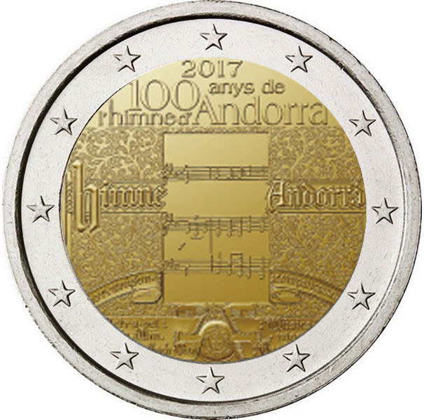 2 евро, 2017 г. Андорра. 100 лет гимну Андорры