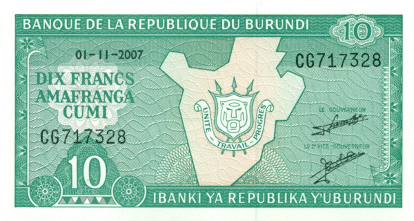 10 франков Бурунди 2007 года р33е