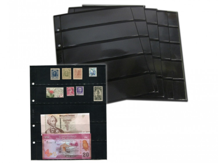 Лист вертикальный на чёрной основе для марок и бон 200Х250 мм на 5 ячеек 42х180 мм (формата Optima) двухсторонний(ЛЧБ 5 (2))
