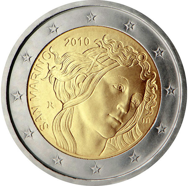 2 евро, 2010 г. Сан-Марино (500 лет со дня смерти Сандро Боттичелли)