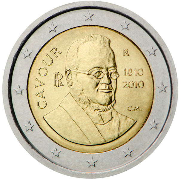 2 евро, 2010 г. Италия (200 лет со дня рождения Камилло Кавура)