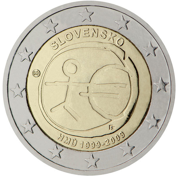 2 евро, 2009 г. Словакия (10 лет Экономическому и валютному союзу)