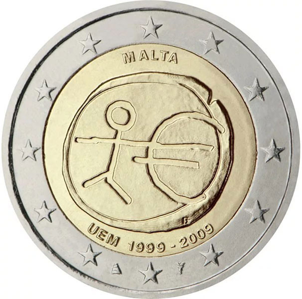 2 евро, 2009 г. Мальта (10 лет Экономическому и валютному союзу)