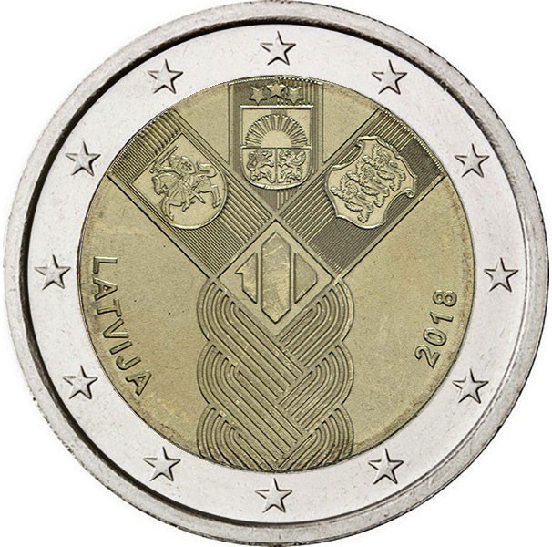 2 евро, 2018 г. Латвия 100-летие независимости Балтийских стран