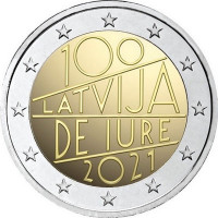 2 евро, 2021 г. Латвия. 100-летие международного признания Латвии де-юре