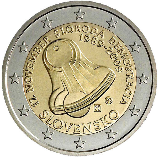 2 евро, 2009 г. Словакия (20 лет с начала Бархатной Революции)