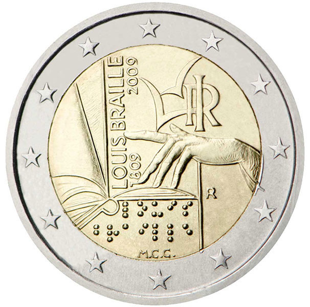 2 евро, 2009 г. Италия (200 лет с рождения Луи Брайля)