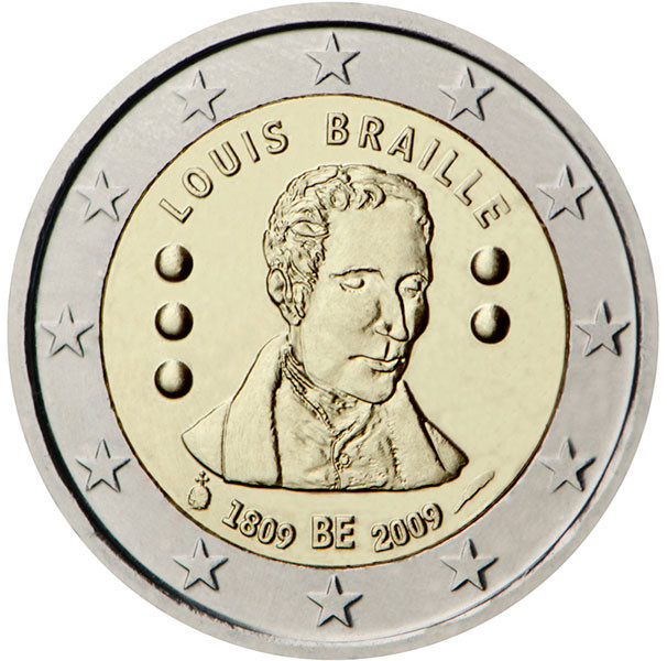 2 евро, 2009 г. Бельгия (200 лет с рождения Луи Брайля)