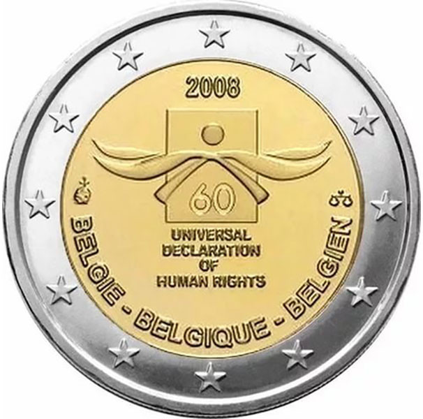 2 евро, 2008 г. Бельгия (60 лет Декларации прав человека)