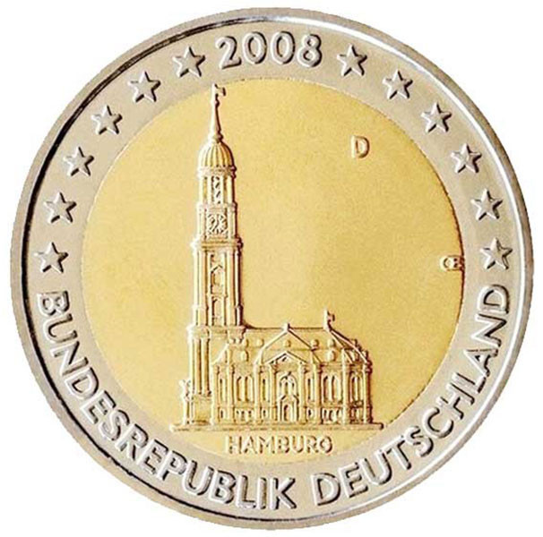 2 евро, 2008 г. Германия (Церковь св. Михаила, Гамбург)