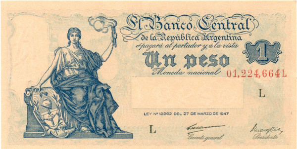 1 песо Аргентины 1947-51 годов р257(1)