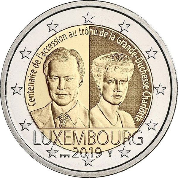2 евро, 2019 г. Люксембург. 100-летие вступления на престол Великой Герцогини Люксембурга Шарлотты