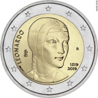 2 евро, 2019 г. Италия. 500 лет со дня смерти Леонардо да Винчи